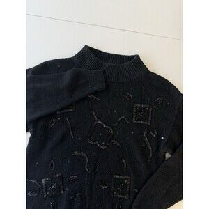 VTG LAUREN BROOKE Silk Angora Hair Blend M L/S Embellished Blk Sweater Librarian